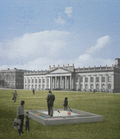 Collage. Zu sehen das Fridericianum und der Friedrichsplatz mit Menschen die ein großes Spiel spielen.