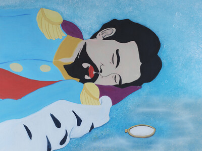 Filmstill. Illustration einer Person, die mit geschlossenen Augen daliegt.