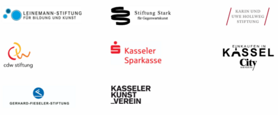 Logos: Leinemann-Stiftung für Bildung und Kunst, Stiftung Stark für Gegenwartskunst, Karin und Uwe Hollweg Stiftung, cdw Stiftung, Kasseler Sparkasse, des City Kaufleute Kassel e. V., Gerhard-Fieseler-Stiftung, Kasseler Kunstverein.