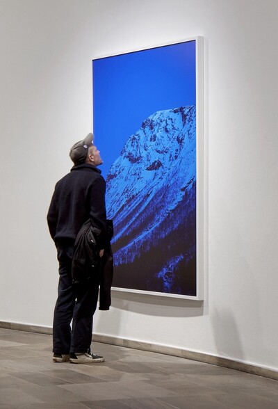 Foto eines Mannes der vor dem Werk &ldquo;Norway Mountain&rdquo; von Catherine Opie steht.