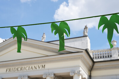 eine grüne Wimpelkette mit Palmenwimpeln hängt vor dem Fridericianum. Im Hintergrund liest man den Schriftzug "Fridericianum" auf dem Gebäude und der Himmel ist blau.