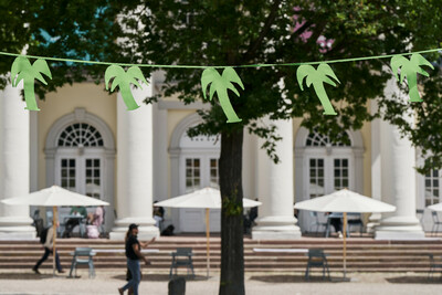 Eine grüne Wimpelkette mit Palmen als Wimpelmotiv hängt vor der Portikus im Fridericianum, die im Hintergrund verschwommen zu sehen ist.