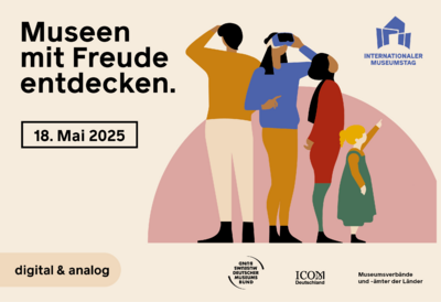Grafik Internationaler Museumstag (Illustration mit Menschen die forschend in die Luft schauen)