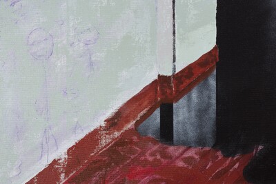 Malerei abstrakte Hauswand mit rotem Boden und Strichm&auml;nnchen an der Wand.