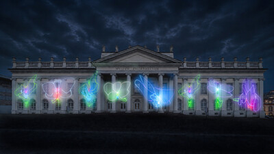 Digitale Simulation der Pr&auml;sentation von Flowers (2026) auf der Fassade des Fridericianum