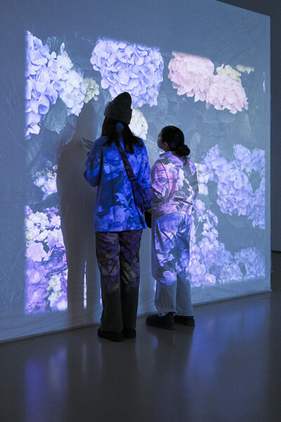 Zwei Menschen stehen in der Ausstellung von Lee Kit mit dem Gesicht vor einer Wand. Von hinten bescheint sie eine Lichtprojektion, die bunte Blumen zeigt.