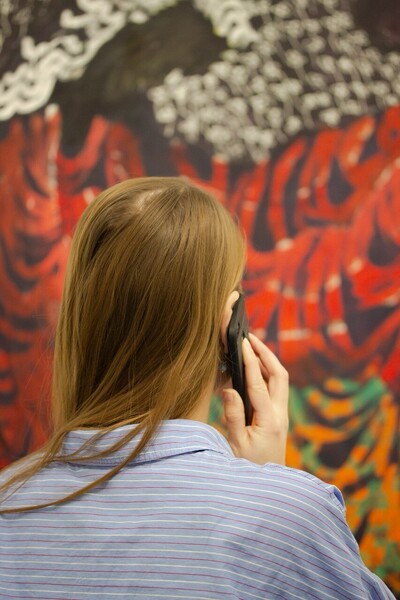 Ein Foto von jemandem von hinten, der ein Telefon h&auml;lt. Im Hintergrund ist ein Kunstwerk von Portia Zvavahera zu sehen.