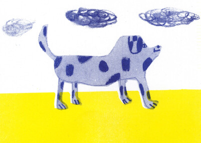 Illustration eines blauen Hunds auf gelbem Boden.