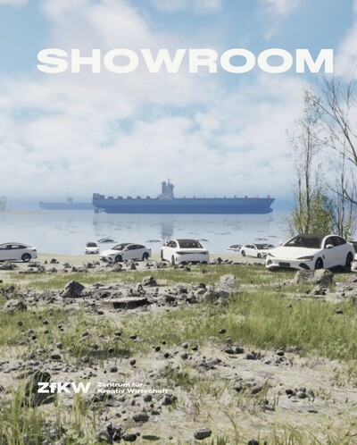 Das Ausstellungsplakat für "Art Meets Companies." Die Fotorealistische Darstellung eines natürlichen Ufers mit spärlicher Vegetation, an dem mehrere weiße Autos parken. Ein Frachtschiff ist im Hintergrund auf dem Wasser zu sehen. Der Name des Ausstellungsortes "Schowroom" ist in weißer Schrift in der oberen Hälfte des Bildes platziert. Unten links befindet sich das Logo des ZfKW ebenfalls in weißer Schrift.