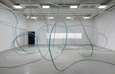 Blaue Schläuchen die den Ausstellungsraum im Fridericianum einnehmen.