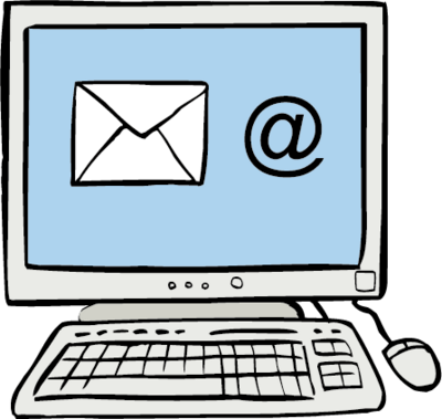 Auf dem Bildschirm ist ein E-Mail-Zeichen. Der Computer steht auf einem Schreibtisch.