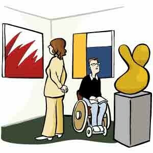 Zwei Personen schauen sich Kunst in einem Museum an. Eine Person sitzt im Rollstuhl.