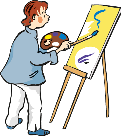Eine Person malt mit Pinsel auf ein Bild. Sie hält eine Farbpalette in der Hand.