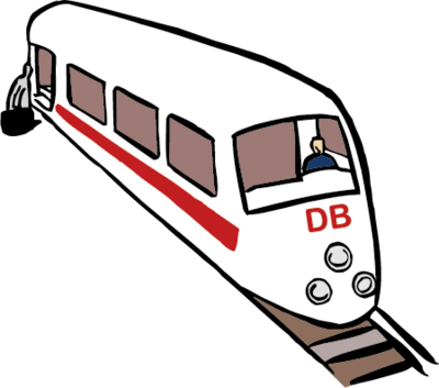Ein Zug der Deutschen Bahn fährt auf Gleisen. Vorne sitzt der Lokführer.