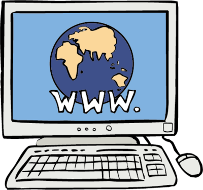 Auf dem Bildschirm ist die Erde und das Wort 'www'. Der Computer ist mit dem Internet verbunden.