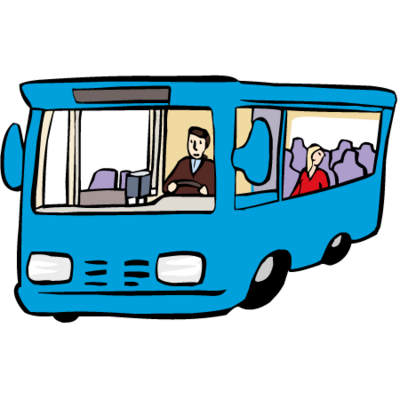 Ein blauer Bus fährt mit Fahrgästen. Vorne sitzt der Fahrer.