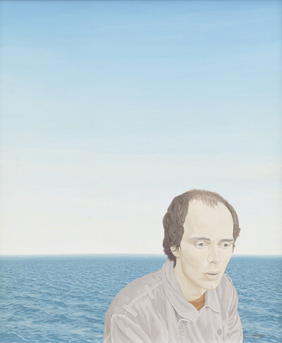 The background shows the sea and horizon and a blue sky. In front is a person with thinning hair and an empty gaze, looking past the viewer.