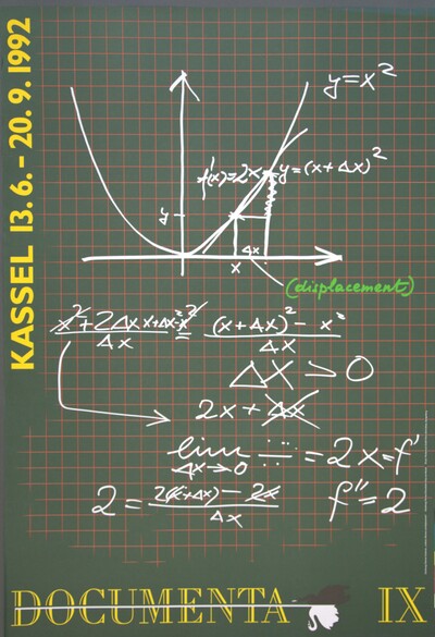 Poster with a pine green background and a mathematical sketch.