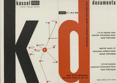 Grafisch gestaltetes Faltblatt mit einer abstrahierten Landkarte, einem großen schwarzen "k" und einem roten "d"