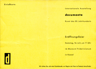 Einlasskarte. Schwarze Schrift auf gelbem Grund