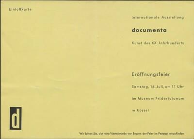 Einlasskarte. Schwarze Schrift auf gelbem Grund
