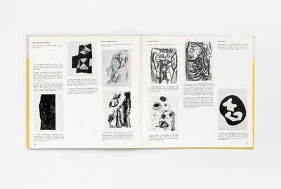 Kleine grafische Arbeiten in Schwarz-Weiß, teils figürlich, teils abstrakt, darunter Werke von Henri-Georges Adam, Gerhard Altenbourg, Karel Appel und Hans Arp.