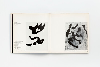 Doppelseite aus einem Ausstellungskatalog mit zwei abstrakten Schwarz-Weiß-Zeichnungen von Jean Arp. Die linke Zeichnung zeigt klare, organische Formen auf hellem Grund, die rechte zeigt ähnliche Formen auf strukturierter, grauer Fläche. Links befinden sich Werkangaben in deutscher Sprache.