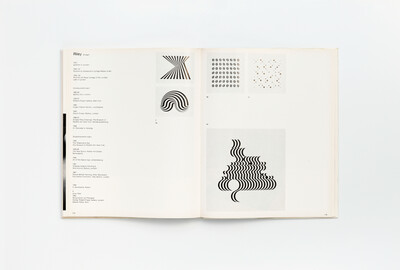 Doppelseite aus dem Ausstellungskatalog mit Werken von Bridget Riley. Auf der linken Seite biografische Angaben und Ausstellungsverzeichnis in deutscher Sprache. Auf der rechten Seite fünf abstrakte Bildmotive, die optische Effekte erzeugen: Muster aus schwarzen Linien, Wellenformen und Punktstrukturen, die Bewegung und Tiefe suggerieren. Die Arbeiten sind in streng geometrischer Anordnung auf weißem Grund dargestellt.