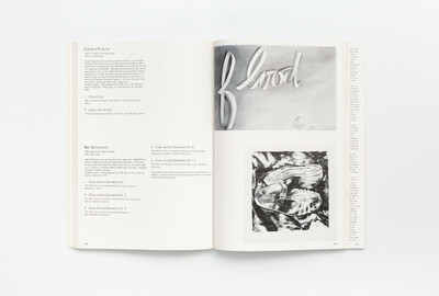 Doppelseite aus dem Ausstellungskatalog der documenta 6 mit Werkangaben zu Edward Ruscha und Ben Schonzeit links sowie zwei Schwarz-Weiß-Abbildungen ihrer Arbeiten rechts, darunter ein Schriftzug ‚flood‘ und eine realistische Zeichnung von Sandalen.