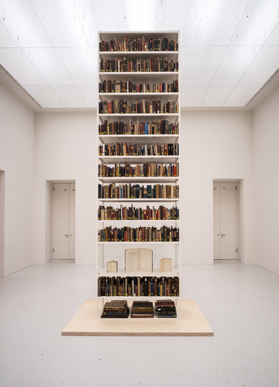 Installation von Maria Eichhorn mit Büchern aus NS-Raubgut in der Sammlung der Stadtbibliothek Kassel.
