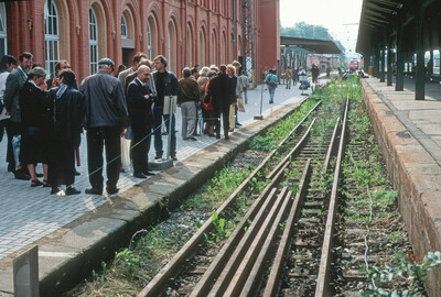 Am Bahnhof wachsen Pflanzen über die Schienen. Viele Menschen stehen am Bahnsteig.