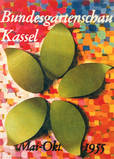 A colorful poster with the inscription &ldquo;Bundesgartenschau Kassel Mai-Okt. 1955&rdquo;. In the center are five green leaves arranged on a colorful, mosaic-like background. The lettering is in white and stands out clearly from the background.