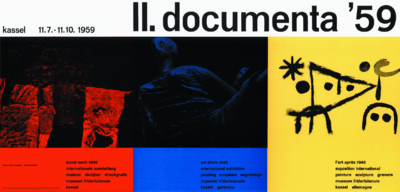 Das Plakat ist längs und ist in drei Farbbereiche geteilt: rot, blau und gelb. Auf den Farbfeldern sind schwarze Zeichnungen. Über den Farbfeldern stehen die Informationen zu der Ausstellung.